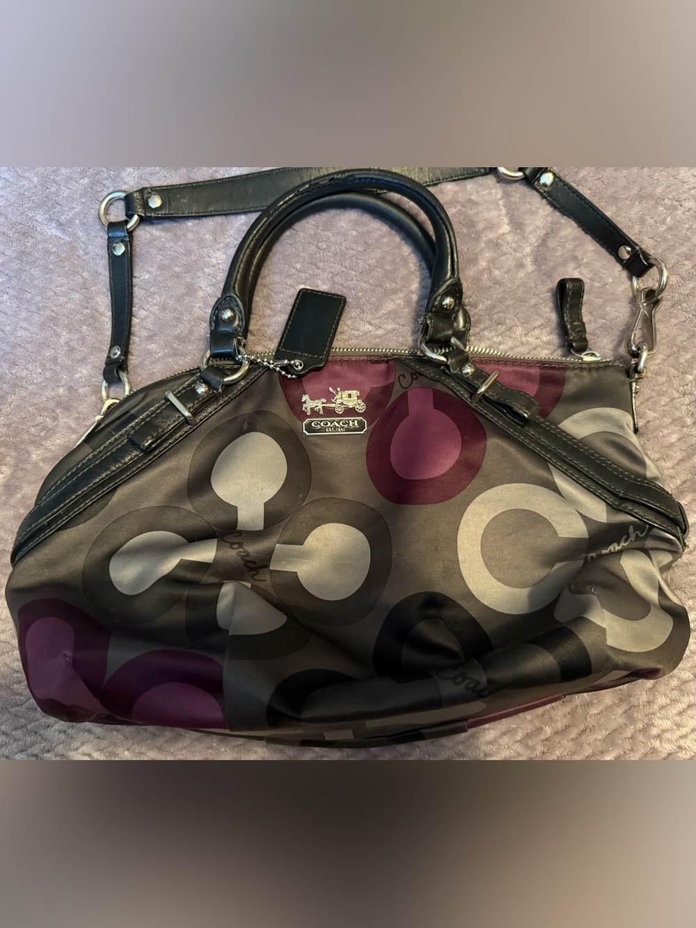 Coach Black Tote with Purple and Gray Signature Circle Pattern